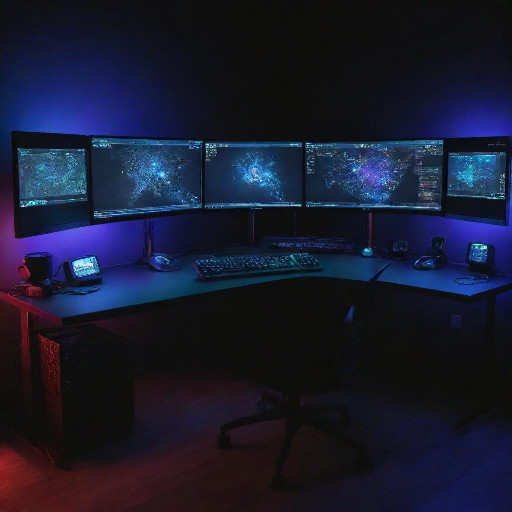 A high-tech gaming setup with multiple monitors, glowing RGB lights and state-of-art peripherals against a dark, gamer-themed background