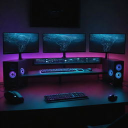 A high-tech gaming setup with multiple monitors, glowing RGB lights and state-of-art peripherals against a dark, gamer-themed background