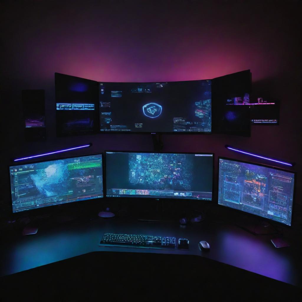 A high-tech gaming setup with multiple monitors, glowing RGB lights and state-of-art peripherals against a dark, gamer-themed background