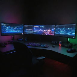 A high-tech gaming setup with multiple monitors, glowing RGB lights and state-of-art peripherals against a dark, gamer-themed background