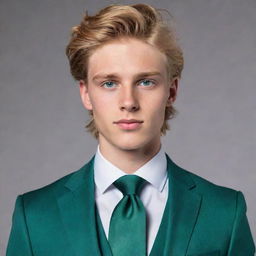 A tall and handsome 19-year-old boy with flowing golden-blonde hair, captivating emerald green eyes, a fit physique, elegantly dressed in a tailored suit.