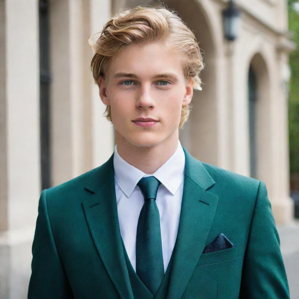 A tall and handsome 19-year-old boy with flowing golden-blonde hair, captivating emerald green eyes, a fit physique, elegantly dressed in a tailored suit.