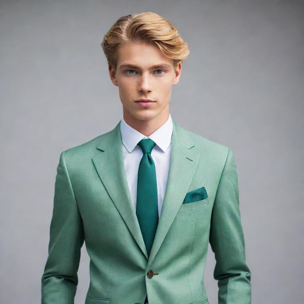 A tall and handsome 19-year-old boy with flowing golden-blonde hair, captivating emerald green eyes, a fit physique, elegantly dressed in a tailored suit.