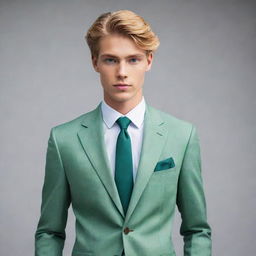 A tall and handsome 19-year-old boy with flowing golden-blonde hair, captivating emerald green eyes, a fit physique, elegantly dressed in a tailored suit.