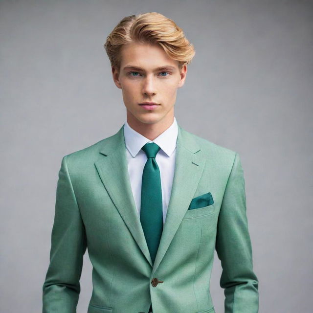 A tall and handsome 19-year-old boy with flowing golden-blonde hair, captivating emerald green eyes, a fit physique, elegantly dressed in a tailored suit.