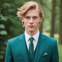 A tall and handsome 19-year-old boy with flowing golden-blonde hair, captivating emerald green eyes, a fit physique, elegantly dressed in a tailored suit.