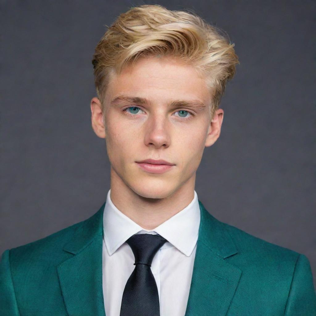 Generate an image of a handsome, tall, 19 year old blonde boy with emerald green eyes. He has a well-built figure and is wearing a stylish suit, his gaze is deep and captivating.