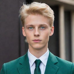 Generate an image of a handsome, tall, 19 year old blonde boy with emerald green eyes. He has a well-built figure and is wearing a stylish suit, his gaze is deep and captivating.