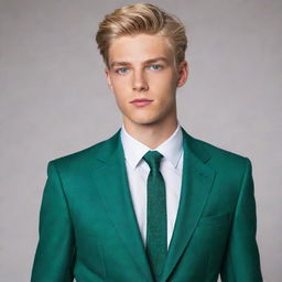 Generate an image of a handsome, tall, 19 year old blonde boy with emerald green eyes. He has a well-built figure and is wearing a stylish suit, his gaze is deep and captivating.