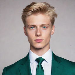 Generate an image of a handsome, tall, 19 year old blonde boy with emerald green eyes. He has a well-built figure and is wearing a stylish suit, his gaze is deep and captivating.