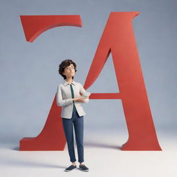 A stylised, animation-style character standing confidently next to a larger-than-life letter 'A'.