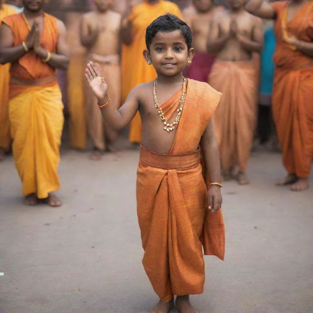A brown-skinned boy dressed in vibrant traditional Indian attire, standing proudly and hailing Lord Rama