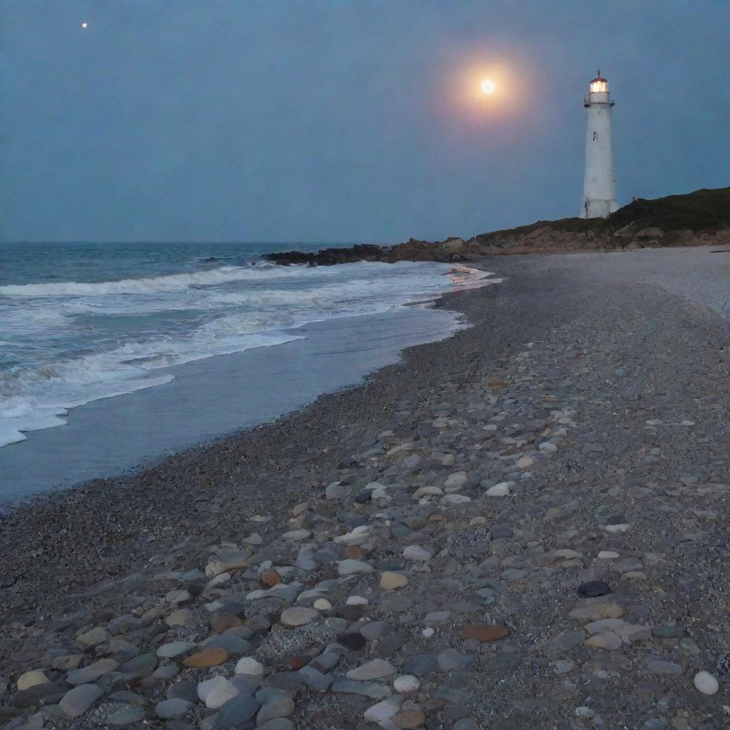 Walking on a moonlit pebble beach, with gentle waves washing over the pebbles, under the serene supermoon. A lighthouse in the distance casting long shadows.