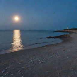 Walking on a moonlit pebble beach, with gentle waves washing over the pebbles, under the serene supermoon. A lighthouse in the distance casting long shadows.