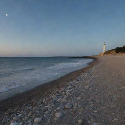 Walking on a moonlit pebble beach, with gentle waves washing over the pebbles, under the serene supermoon. A lighthouse in the distance casting long shadows.