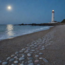 Walking on a moonlit pebble beach, with gentle waves washing over the pebbles, under the serene supermoon. A lighthouse in the distance casting long shadows.