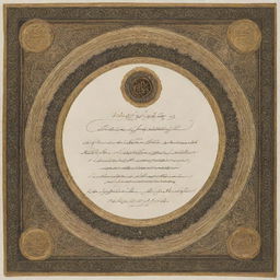 An ornate certificate showcasing elegant calligraphy indicating it's from Qais Malikzada of Afghanistan. The document has an impressive gold seal and elaborate decorative edges.