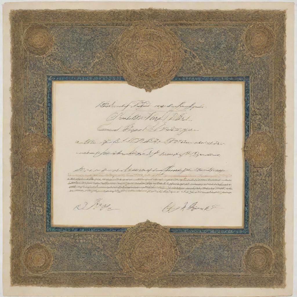 An ornate certificate showcasing elegant calligraphy indicating it's from Qais Malikzada of Afghanistan. The document has an impressive gold seal and elaborate decorative edges.