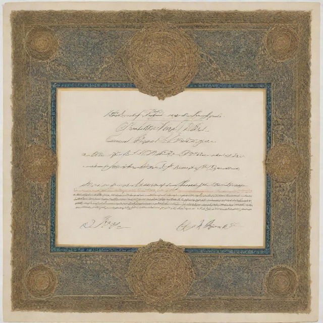 An ornate certificate showcasing elegant calligraphy indicating it's from Qais Malikzada of Afghanistan. The document has an impressive gold seal and elaborate decorative edges.