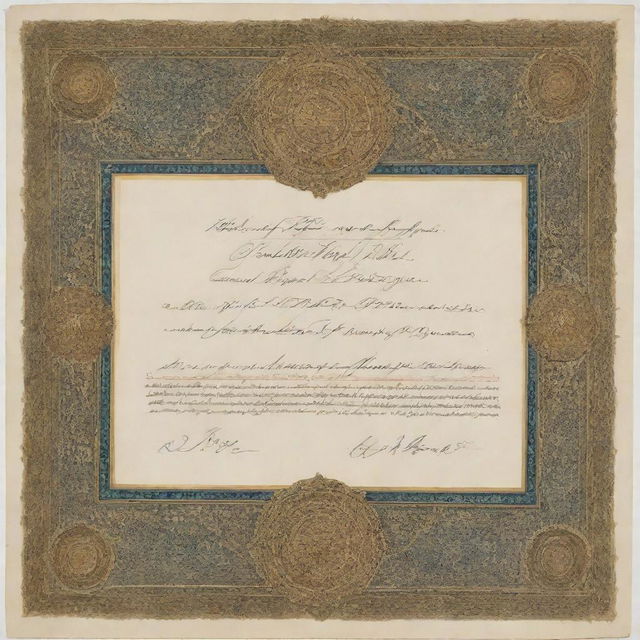 An ornate certificate showcasing elegant calligraphy indicating it's from Qais Malikzada of Afghanistan. The document has an impressive gold seal and elaborate decorative edges.