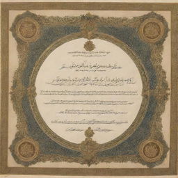 An ornate certificate showcasing elegant calligraphy indicating it's from Qais Malikzada of Afghanistan. The document has an impressive gold seal and elaborate decorative edges.