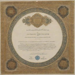 An ornate certificate showcasing elegant calligraphy indicating it's from Qais Malikzada of Afghanistan. The document has an impressive gold seal and elaborate decorative edges.