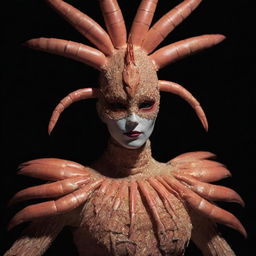 A cinematic, realistic shot of a humanoid at a masquerade, donning a stunning shrimp makeup costume with vintage style. They pose against a black background, elegantly illuminated by volumetric light and colors, reminiscent of the work by Armando Salas.