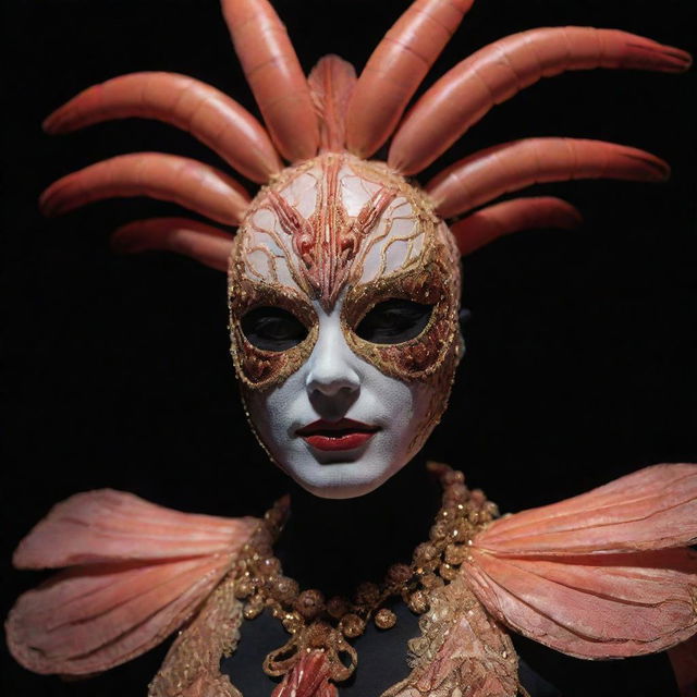 A cinematic, realistic shot of a humanoid at a masquerade, donning a stunning shrimp makeup costume with vintage style. They pose against a black background, elegantly illuminated by volumetric light and colors, reminiscent of the work by Armando Salas.