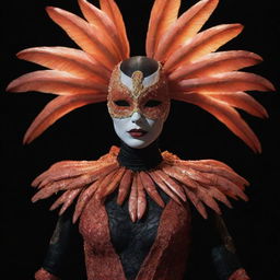 A cinematic, realistic shot of a humanoid at a masquerade, donning a stunning shrimp makeup costume with vintage style. They pose against a black background, elegantly illuminated by volumetric light and colors, reminiscent of the work by Armando Salas.