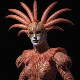 A cinematic, realistic shot of a humanoid at a masquerade, donning a stunning shrimp makeup costume with vintage style. They pose against a black background, elegantly illuminated by volumetric light and colors, reminiscent of the work by Armando Salas.