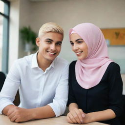 A vivacious young couple working in a bank. The boy sporting short hair, and the girl wearing a fashionable hijab, both exuding palpable vibes of love and warmth.