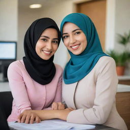 A vivacious young couple working in a bank. The boy sporting short hair, and the girl wearing a fashionable hijab, both exuding palpable vibes of love and warmth.