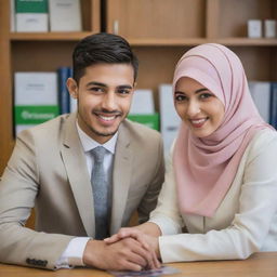 A vivacious young couple working in a bank. The boy sporting short hair, and the girl wearing a fashionable hijab, both exuding palpable vibes of love and warmth.