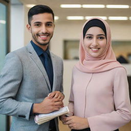 A vivacious young couple working in a bank. The boy sporting short hair, and the girl wearing a fashionable hijab, both exuding palpable vibes of love and warmth.