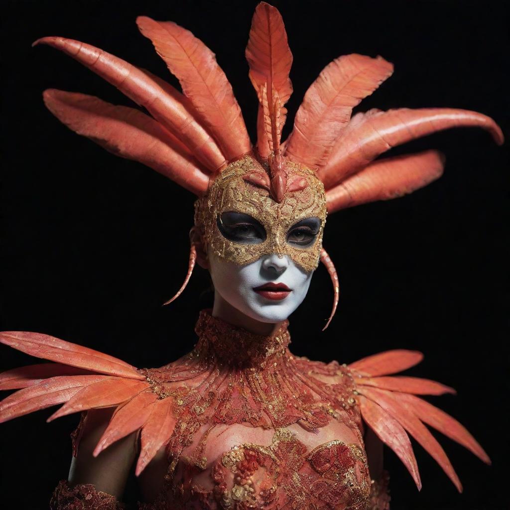 A cinematic, realistic shot of a humanoid at a masquerade, donning a stunning shrimp makeup costume with vintage style. They pose against a black background, elegantly illuminated by volumetric light and vibrant colors, reminiscent of the work by Armando Salas.