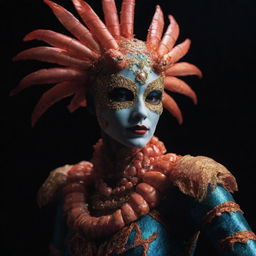 A cinematic, realistic shot of a humanoid at a masquerade, donning a stunning shrimp makeup costume with vintage style. They pose against a black background, elegantly illuminated by volumetric light and vibrant colors, reminiscent of the work by Armando Salas.