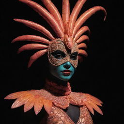 A cinematic, realistic shot of a humanoid at a masquerade, donning a stunning shrimp makeup costume with vintage style. They pose against a black background, elegantly illuminated by volumetric light and vibrant colors, reminiscent of the work by Armando Salas.