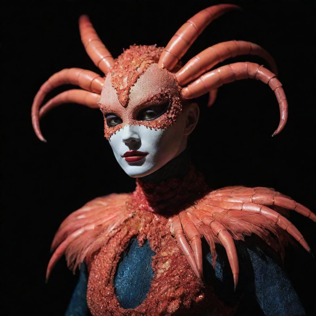 A cinematic, realistic shot of a humanoid at a masquerade, donning a stunning shrimp makeup costume with vintage style. They pose against a black background, elegantly illuminated by volumetric light and vibrant colors, reminiscent of the work by Armando Salas.