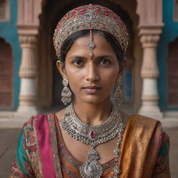 A portrait of a traditional Indian individual adorned in colorful clothing and jewelry with a richly detailed backdrop depicting India's historical architecture.