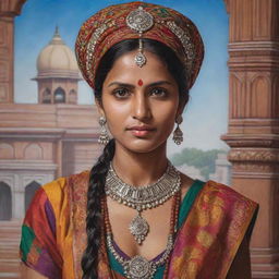 A portrait of a traditional Indian individual adorned in colorful clothing and jewelry with a richly detailed backdrop depicting India's historical architecture.