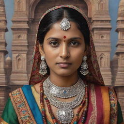 A portrait of a traditional Indian individual adorned in colorful clothing and jewelry with a richly detailed backdrop depicting India's historical architecture.