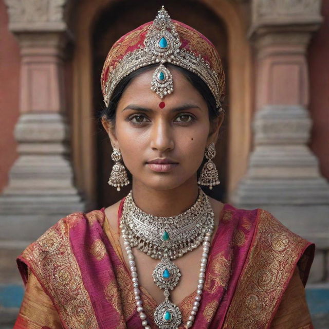 A portrait of a traditional Indian individual adorned in colorful clothing and jewelry with a richly detailed backdrop depicting India's historical architecture.