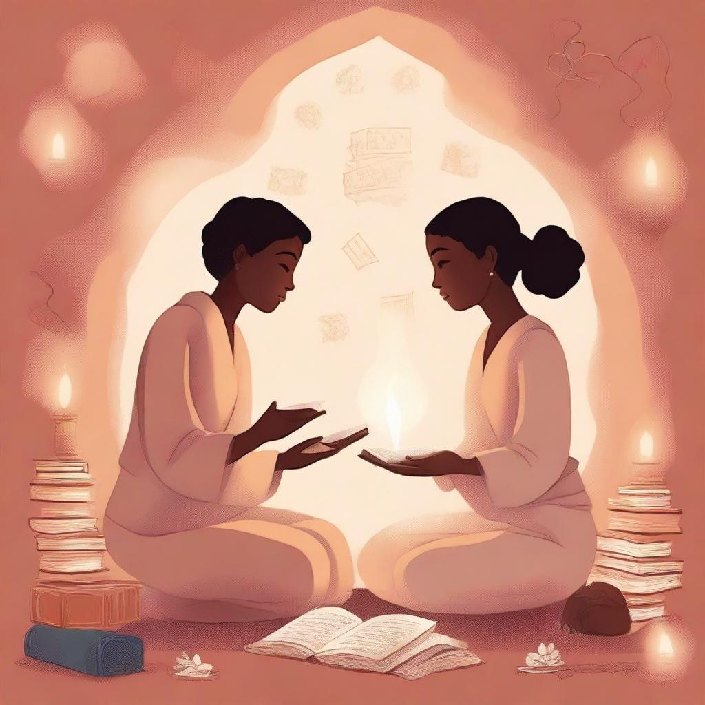 An illustration of high quality, featuring two central characters engaged in a heartfelt conversation, surrounded by symbols of enlightenment like books and scrolls