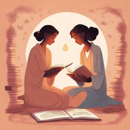 An illustration of high quality, featuring two central characters engaged in a heartfelt conversation, surrounded by symbols of enlightenment like books and scrolls