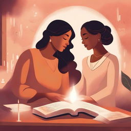 An illustration of high quality, featuring two central characters engaged in a heartfelt conversation, surrounded by symbols of enlightenment like books and scrolls