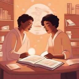 An illustration of high quality, featuring two central characters engaged in a heartfelt conversation, surrounded by symbols of enlightenment like books and scrolls