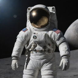 The moon dressed up in a detailed, metallic astronaut's spacesuit, standing against the star-studded backdrop of space.