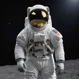 The moon dressed up in a detailed, metallic astronaut's spacesuit, standing against the star-studded backdrop of space.