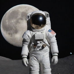 The moon dressed up in a detailed, metallic astronaut's spacesuit, standing against the star-studded backdrop of space.