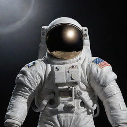 The moon dressed up in a detailed, metallic astronaut's spacesuit, standing against the star-studded backdrop of space.